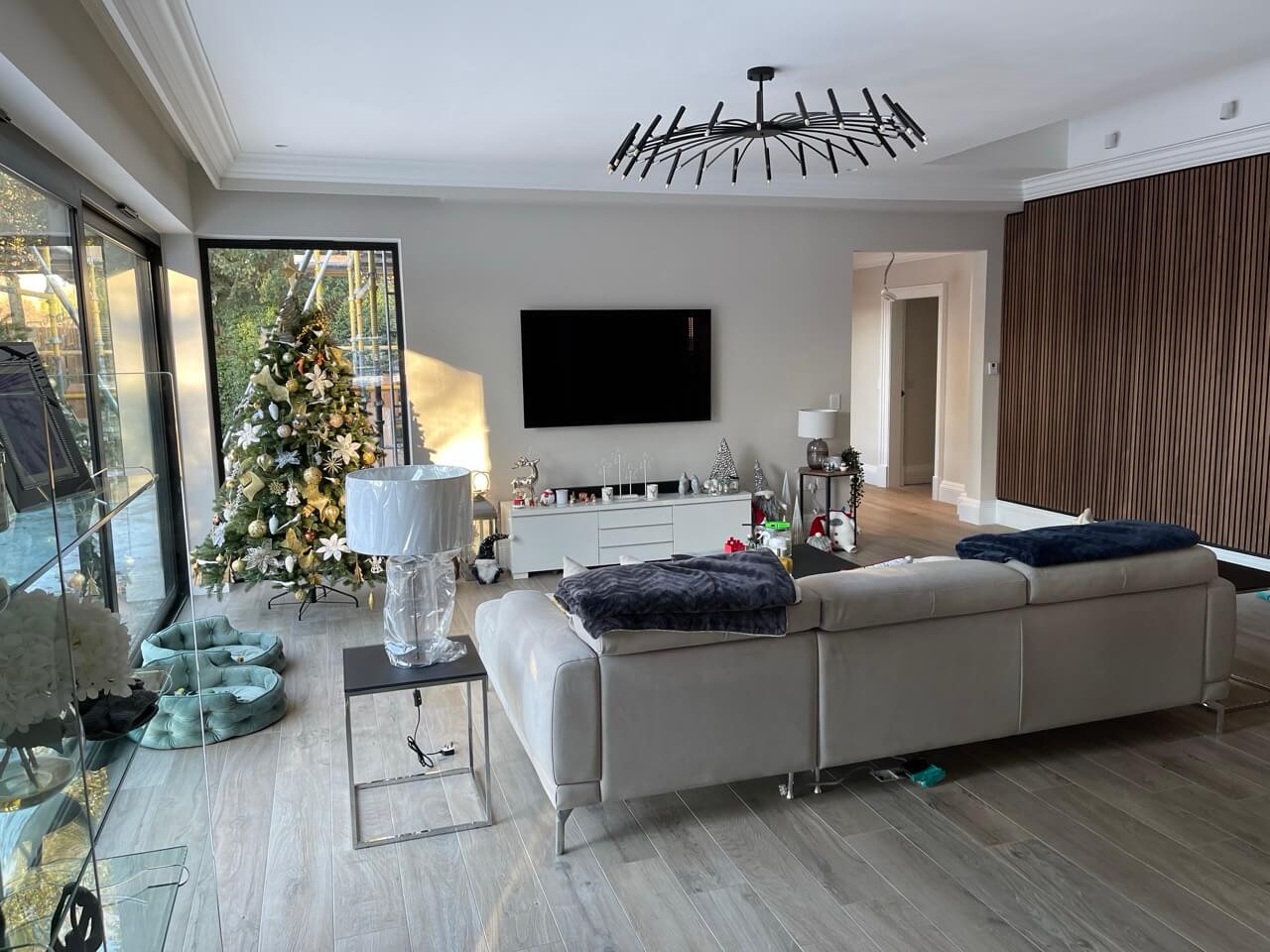 Living room in Edinburgh extension with bespoke joinery feature wall.